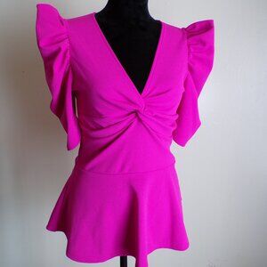 Women’s Hot Pink Twist Front Peplum Top – Ruffle Sleeves – V-Neck – Size [S]